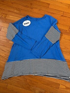 Mordenmiss Women’s Stripes Asymmetry Swing Flowy Tunic w/ Pockets 2XL Blue